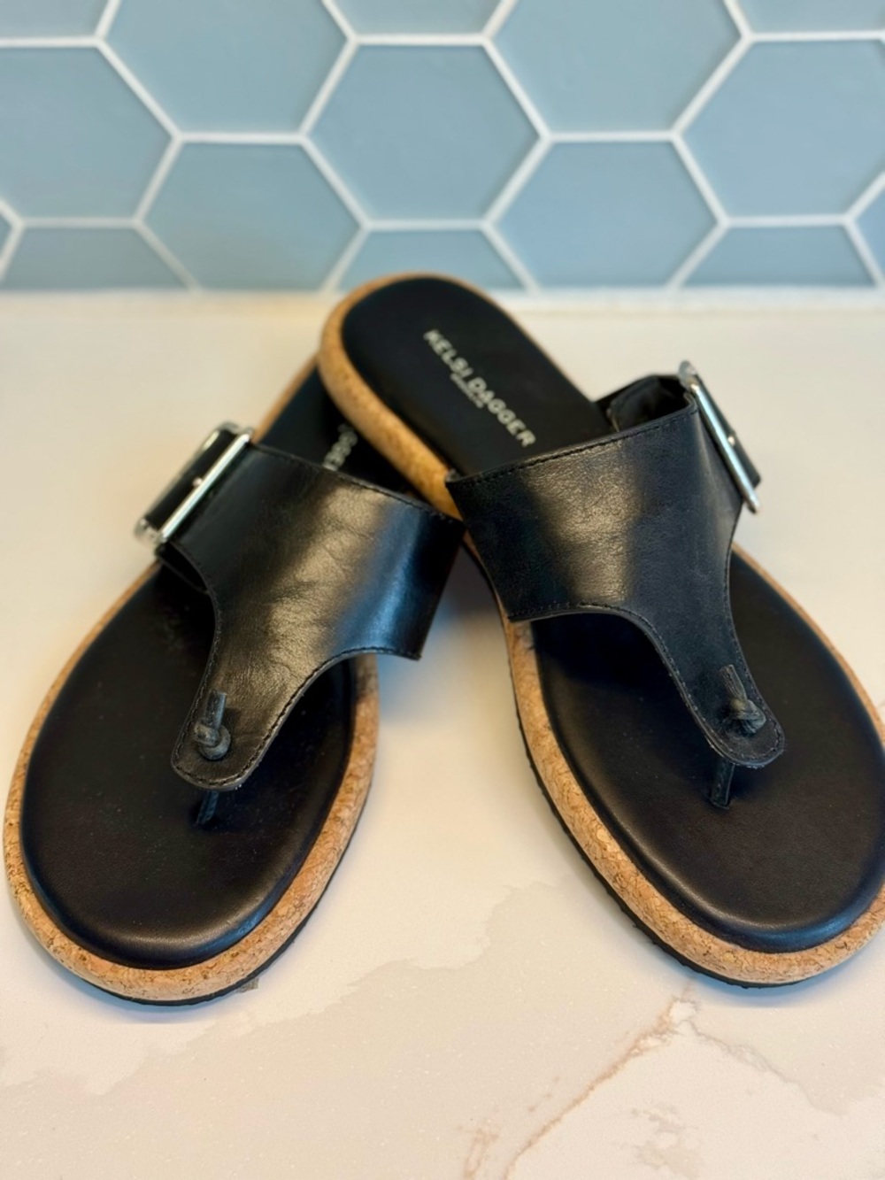 Kelsi Dagger Black Cork-Trim Thong Sandals